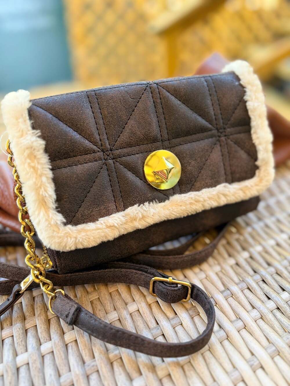 Jessica Simpson Nordia Brown Crossbody Purse Faux Fur Trim